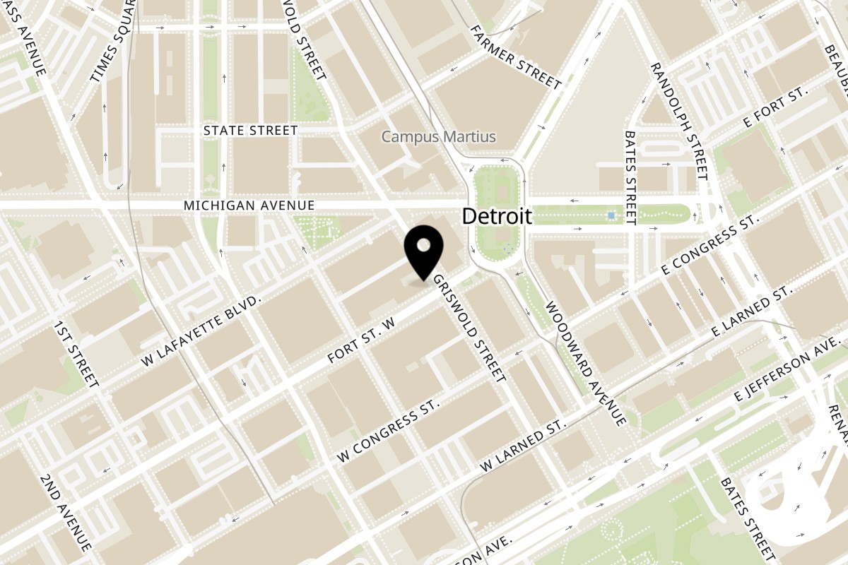 Map showing the location of Mike's Kabob Grille on 719 Griswold St Suite 140 in Detroit